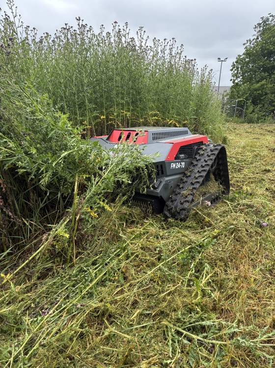 Robotmaaier maait een pad door hoog gras